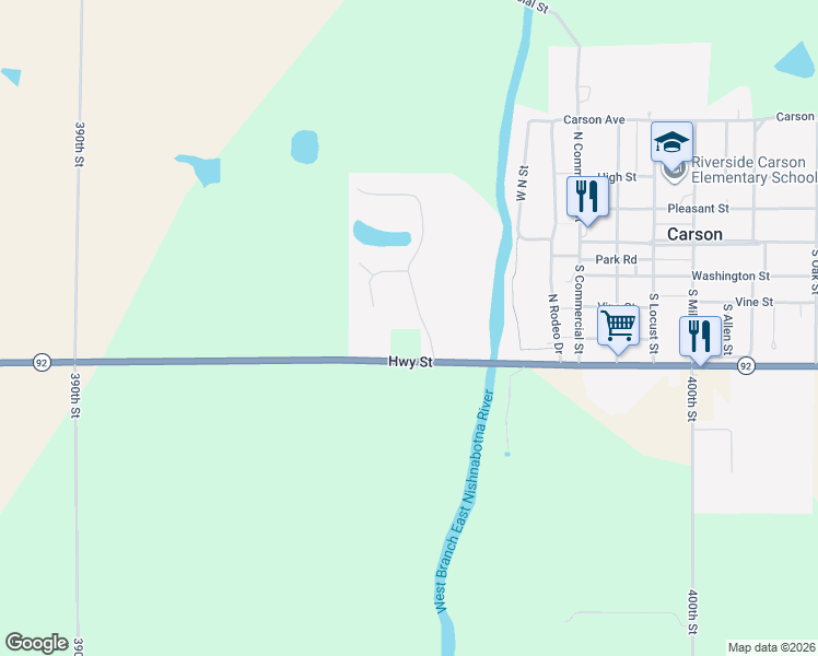 map of restaurants, bars, coffee shops, grocery stores, and more near 39612 Iowa 92 in Carson