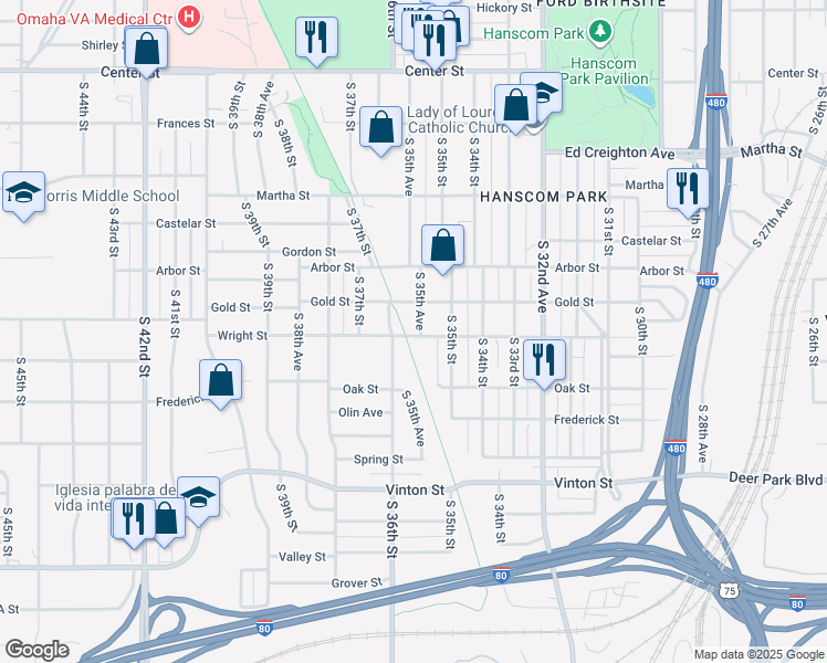 map of restaurants, bars, coffee shops, grocery stores, and more near 2811 South 36th Street in Omaha