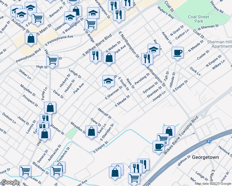 map of restaurants, bars, coffee shops, grocery stores, and more near 254 South Sherman Street in Wilkes-Barre