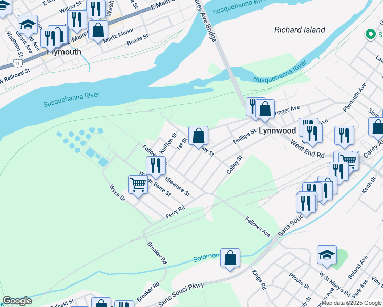 map of restaurants, bars, coffee shops, grocery stores, and more near 30 Garrahan Street in Wilkes-Barre