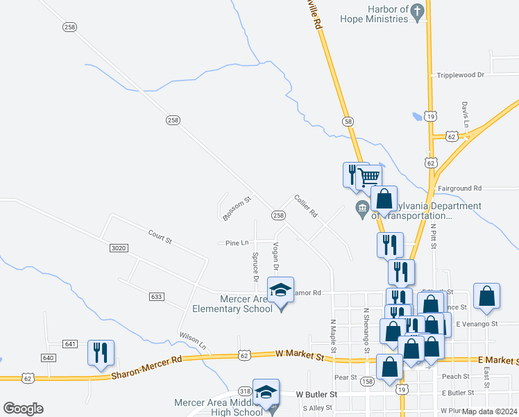 map of restaurants, bars, coffee shops, grocery stores, and more near 565 North Maple Street in Mercer