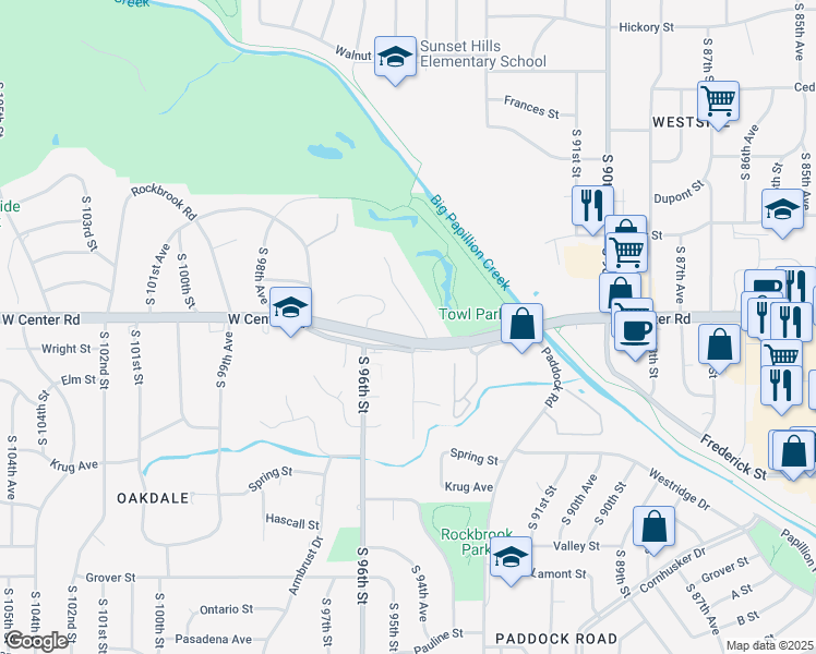 map of restaurants, bars, coffee shops, grocery stores, and more near 2644 South 95th Circle in Omaha