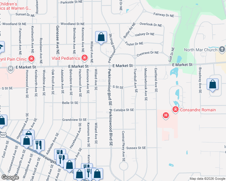 map of restaurants, bars, coffee shops, grocery stores, and more near 352 Central Parkway Avenue Southeast in Warren