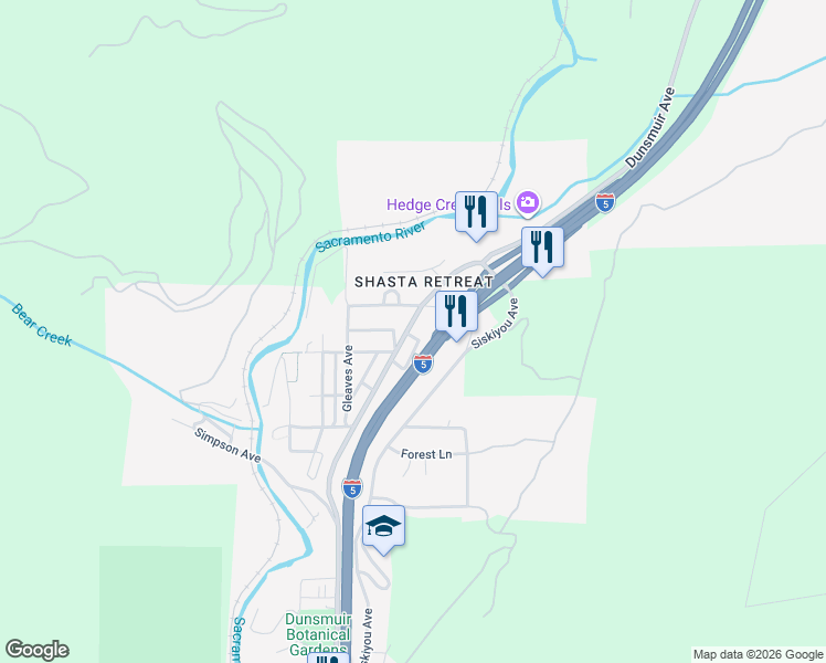 map of restaurants, bars, coffee shops, grocery stores, and more near 4310 Dunsmuir Avenue in Dunsmuir