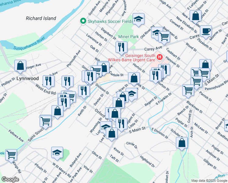 map of restaurants, bars, coffee shops, grocery stores, and more near 83 Vulcan Street in Wilkes-Barre