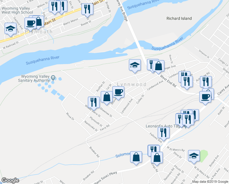 map of restaurants, bars, coffee shops, grocery stores, and more near 30 Garrahan Street in Wilkes-Barre