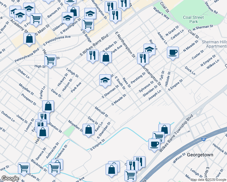 map of restaurants, bars, coffee shops, grocery stores, and more near 250 South Sherman Street in Wilkes-Barre