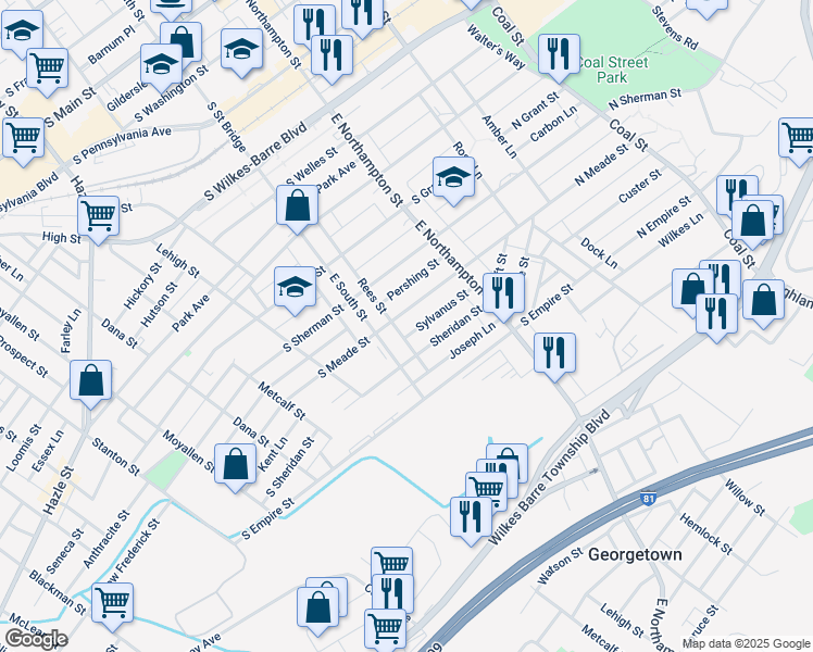 map of restaurants, bars, coffee shops, grocery stores, and more near 73 Sheridan Street in Wilkes-Barre