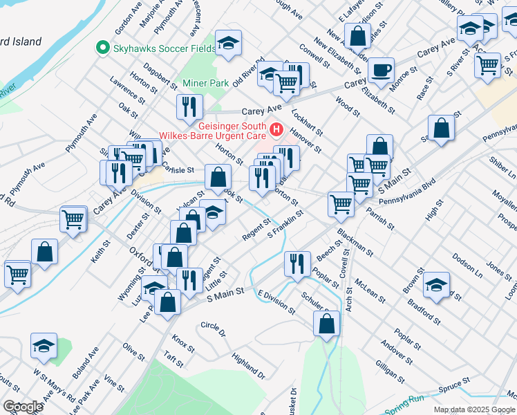 map of restaurants, bars, coffee shops, grocery stores, and more near 42 Brook Street in Wilkes-Barre