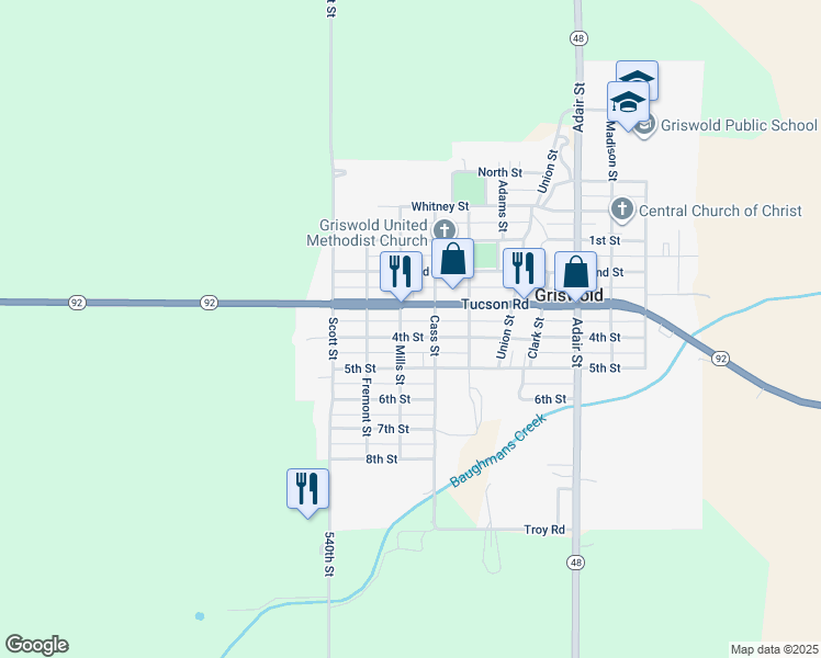 map of restaurants, bars, coffee shops, grocery stores, and more near 404 4th Street in Griswold