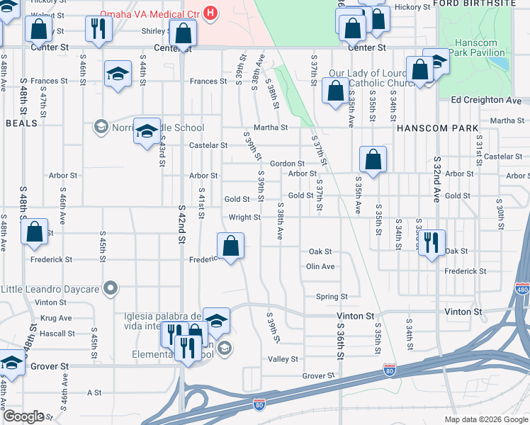 map of restaurants, bars, coffee shops, grocery stores, and more near 2802 South 39th Street in Omaha