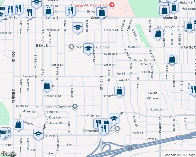 map of restaurants, bars, coffee shops, grocery stores, and more near 2720 South 42nd Street in Omaha