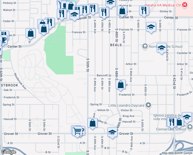 map of restaurants, bars, coffee shops, grocery stores, and more near 2724 South 49th Avenue in Omaha