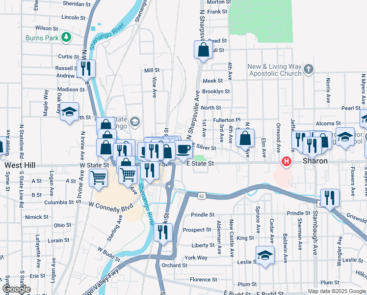 map of restaurants, bars, coffee shops, grocery stores, and more near in Sharon