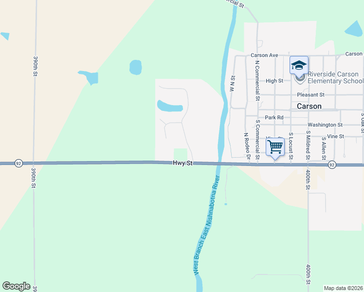 map of restaurants, bars, coffee shops, grocery stores, and more near 39612 Iowa 92 in Carson