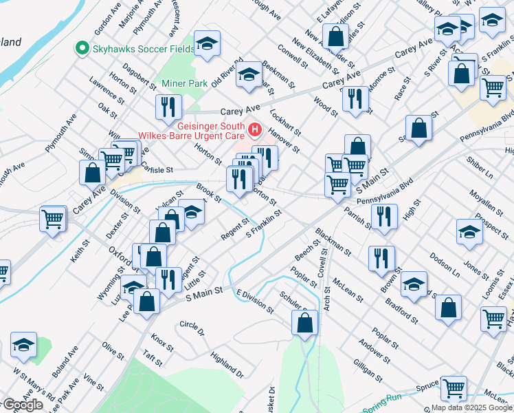map of restaurants, bars, coffee shops, grocery stores, and more near 23 Regent Street in Wilkes-Barre
