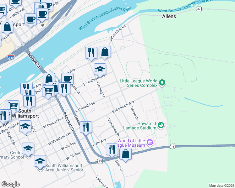 map of restaurants, bars, coffee shops, grocery stores, and more near 460-498 Raven Alley in South Williamsport