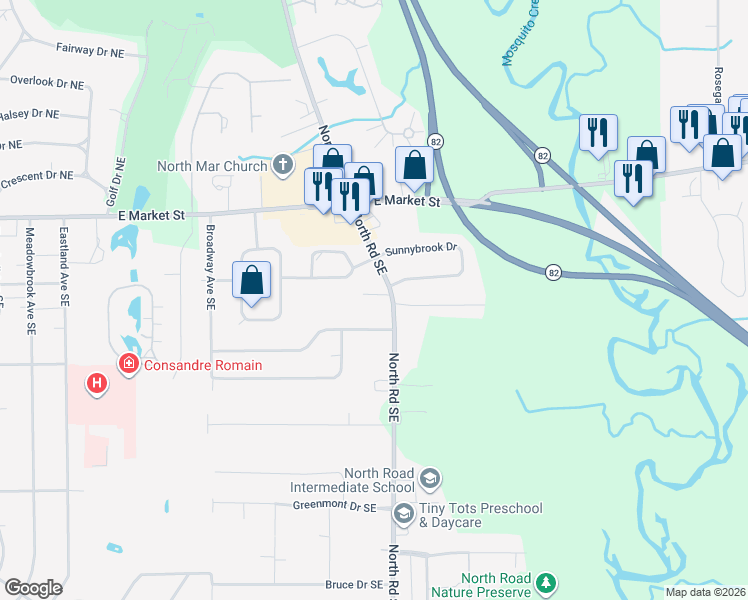 map of restaurants, bars, coffee shops, grocery stores, and more near 457 North Road Southeast in Warren
