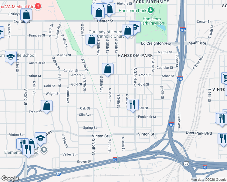 map of restaurants, bars, coffee shops, grocery stores, and more near 2806 South 35th Street in Omaha