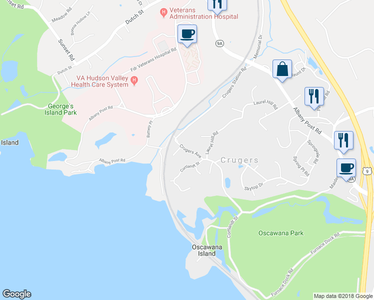 map of restaurants, bars, coffee shops, grocery stores, and more near Crugers Avenue in Croton-on-Hudson