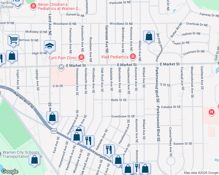 map of restaurants, bars, coffee shops, grocery stores, and more near 357 Adelaide Avenue Southeast in Warren