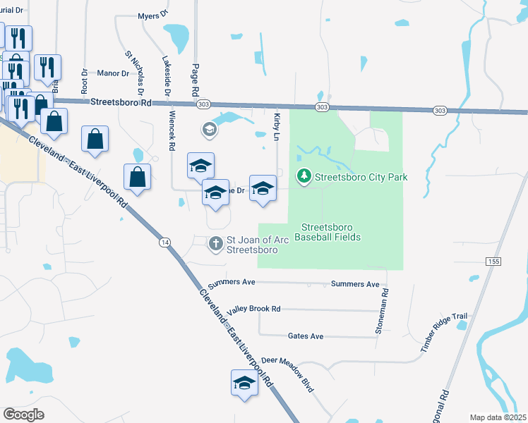 map of restaurants, bars, coffee shops, grocery stores, and more near 8955 Kirby Lane in Streetsboro