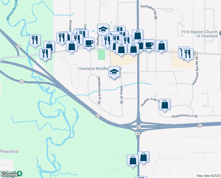 map of restaurants, bars, coffee shops, grocery stores, and more near 8100 Warren - Sharon Road in Warren