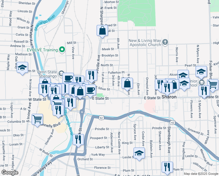 map of restaurants, bars, coffee shops, grocery stores, and more near 381 East State Street in Sharon