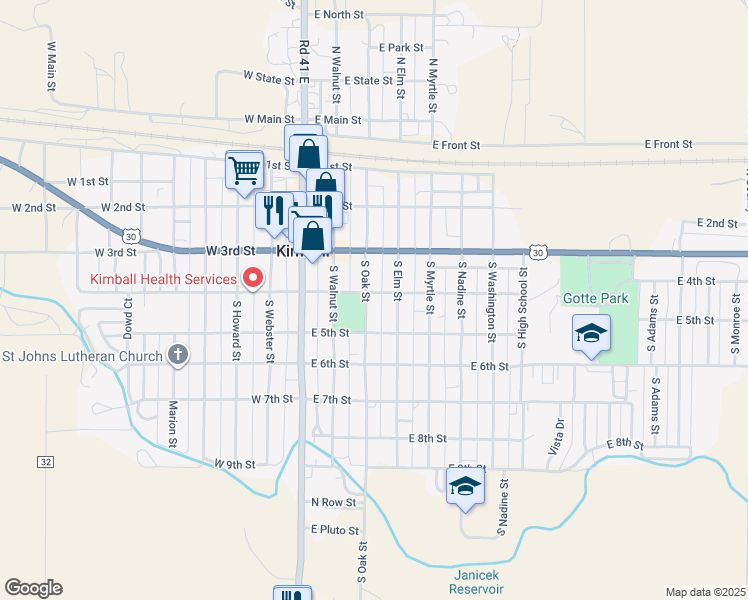 map of restaurants, bars, coffee shops, grocery stores, and more near 400-498 South Oak Street in Kimball