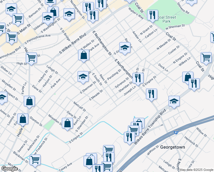 map of restaurants, bars, coffee shops, grocery stores, and more near 404 East South Street in Wilkes-Barre