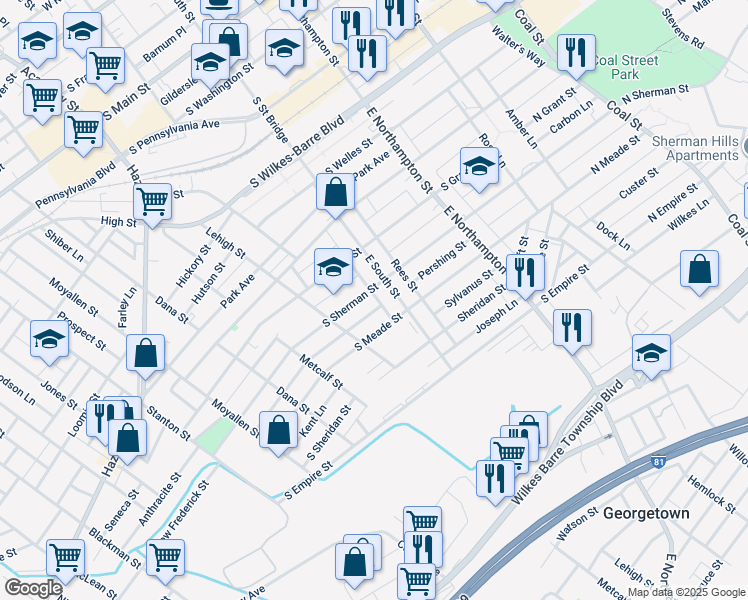 map of restaurants, bars, coffee shops, grocery stores, and more near 234 South Sherman Street in Wilkes-Barre
