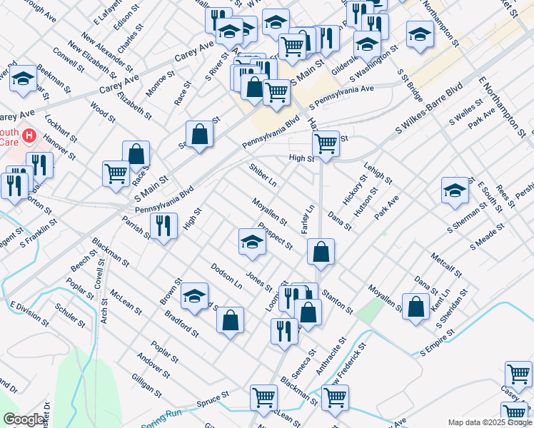 map of restaurants, bars, coffee shops, grocery stores, and more near 104 Prospect Street in Wilkes-Barre