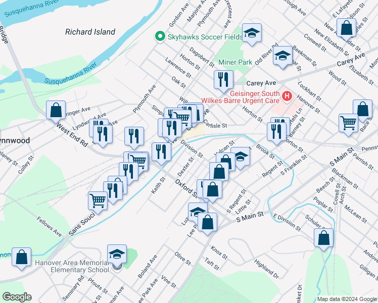 map of restaurants, bars, coffee shops, grocery stores, and more near 16-20 Dexter St in Wilkes-Barre