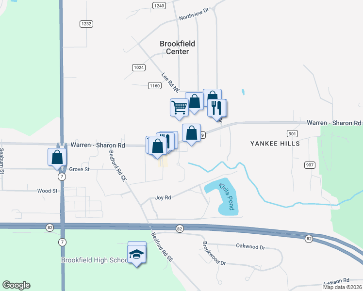 map of restaurants, bars, coffee shops, grocery stores, and more near 7236 Warren - Sharon Road in Masury