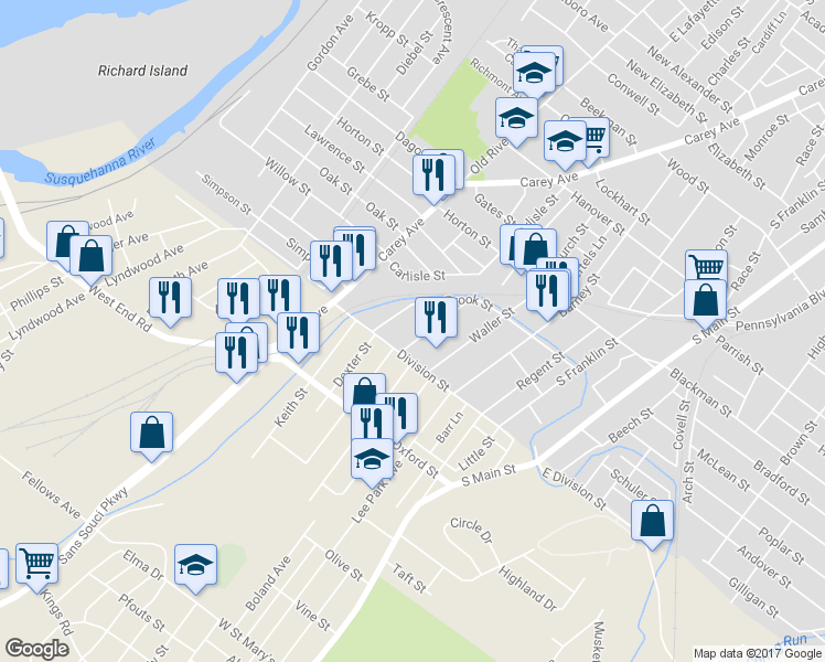 map of restaurants, bars, coffee shops, grocery stores, and more near 83 Vulcan Street in Wilkes-Barre