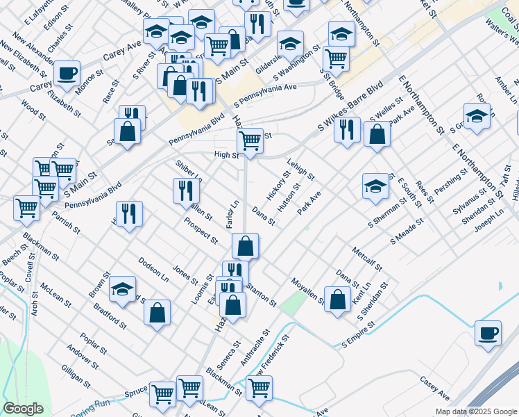 map of restaurants, bars, coffee shops, grocery stores, and more near 224 Dana Street in Wilkes-Barre