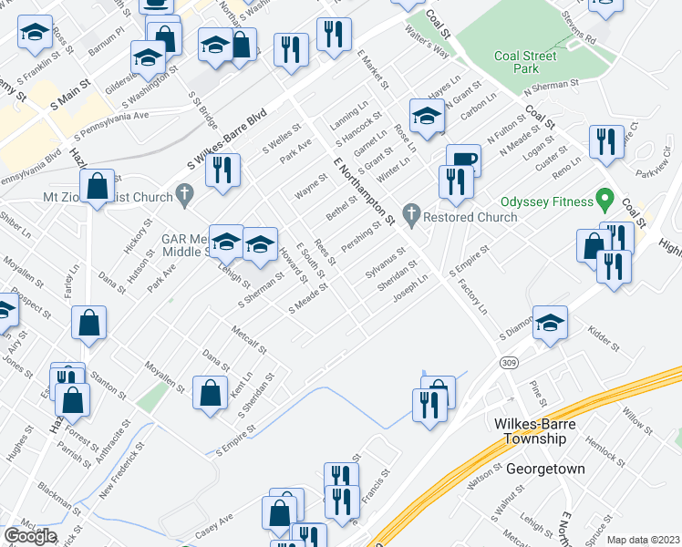 map of restaurants, bars, coffee shops, grocery stores, and more near 139 Rees Street in Wilkes-Barre