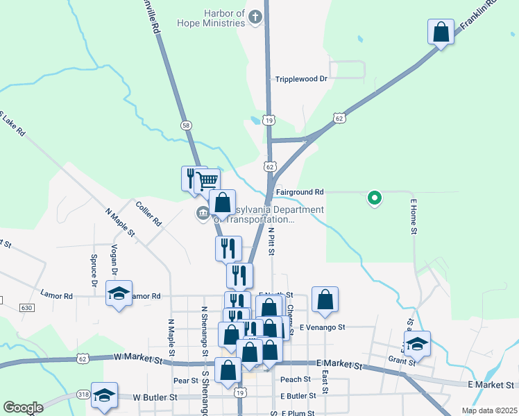 map of restaurants, bars, coffee shops, grocery stores, and more near 454 Pittsburgh Street in Mercer