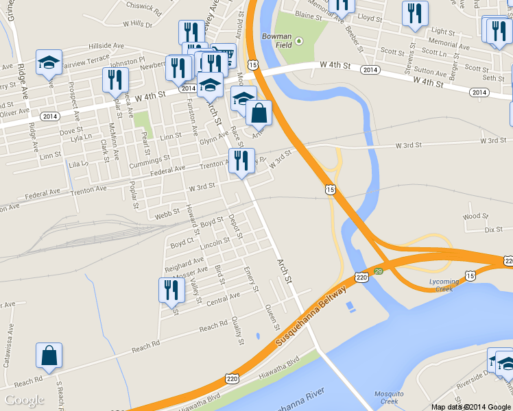 map of restaurants, bars, coffee shops, grocery stores, and more near 498 Arch Street in Williamsport