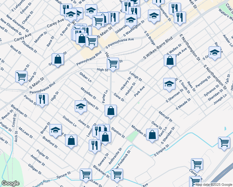 map of restaurants, bars, coffee shops, grocery stores, and more near 224 Dana Street in Wilkes-Barre