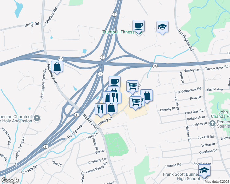 map of restaurants, bars, coffee shops, grocery stores, and more near 120 Hawley Lane in Trumbull
