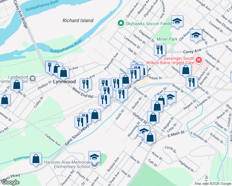 map of restaurants, bars, coffee shops, grocery stores, and more near 134 Oxford Street in Wilkes-Barre