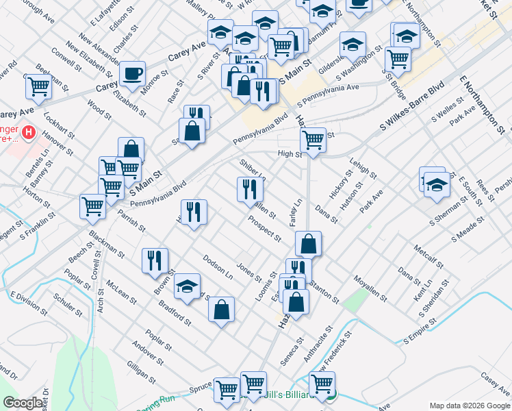 map of restaurants, bars, coffee shops, grocery stores, and more near 104 Prospect Street in Wilkes-Barre