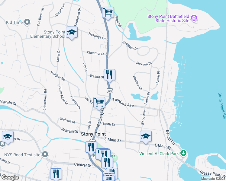 map of restaurants, bars, coffee shops, grocery stores, and more near 115 Tomkins Avenue in Stony Point