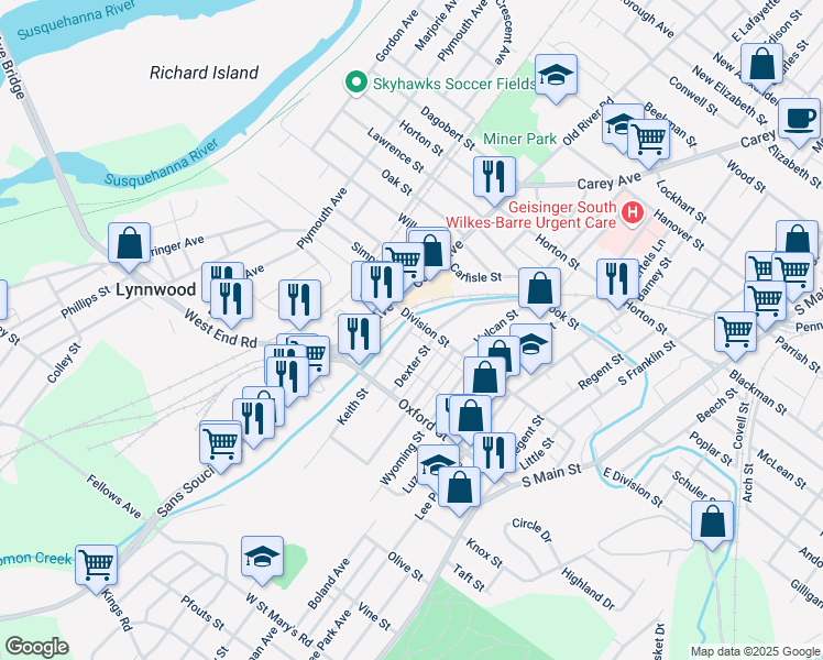 map of restaurants, bars, coffee shops, grocery stores, and more near 16-20 Dexter St in Wilkes-Barre