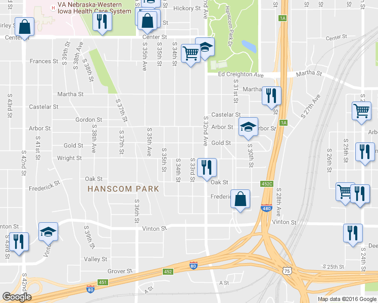 map of restaurants, bars, coffee shops, grocery stores, and more near 2805 South 34th Street in Omaha