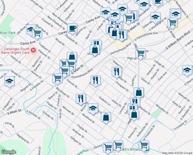map of restaurants, bars, coffee shops, grocery stores, and more near 33 Brown Street in Wilkes-Barre