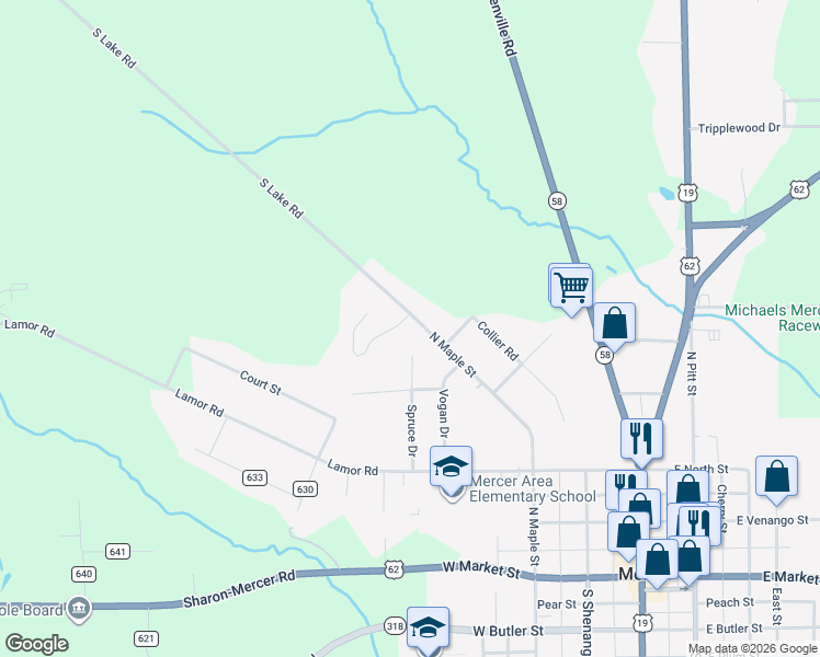 map of restaurants, bars, coffee shops, grocery stores, and more near 555 North Maple Street in Mercer