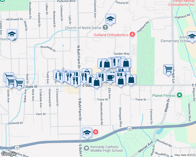 map of restaurants, bars, coffee shops, grocery stores, and more near 2235 East State Street in Hermitage