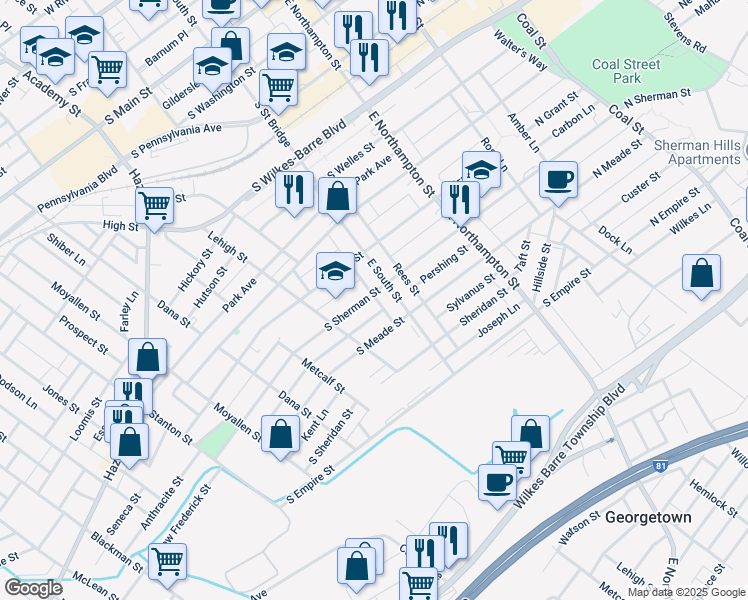 map of restaurants, bars, coffee shops, grocery stores, and more near 234 South Sherman Street in Wilkes-Barre